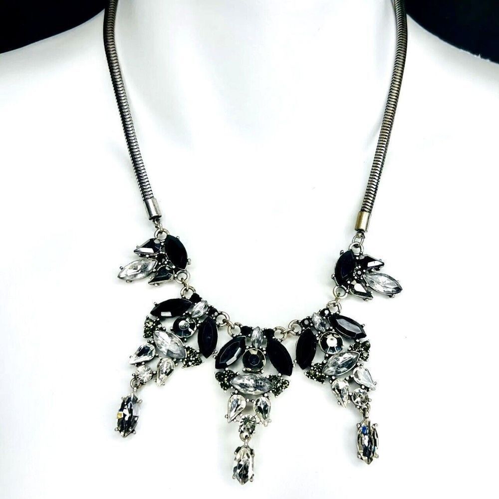 Vintage Statement Clear Black Sparkling Rhinestone Bib Necklace Snake Chain 1551
